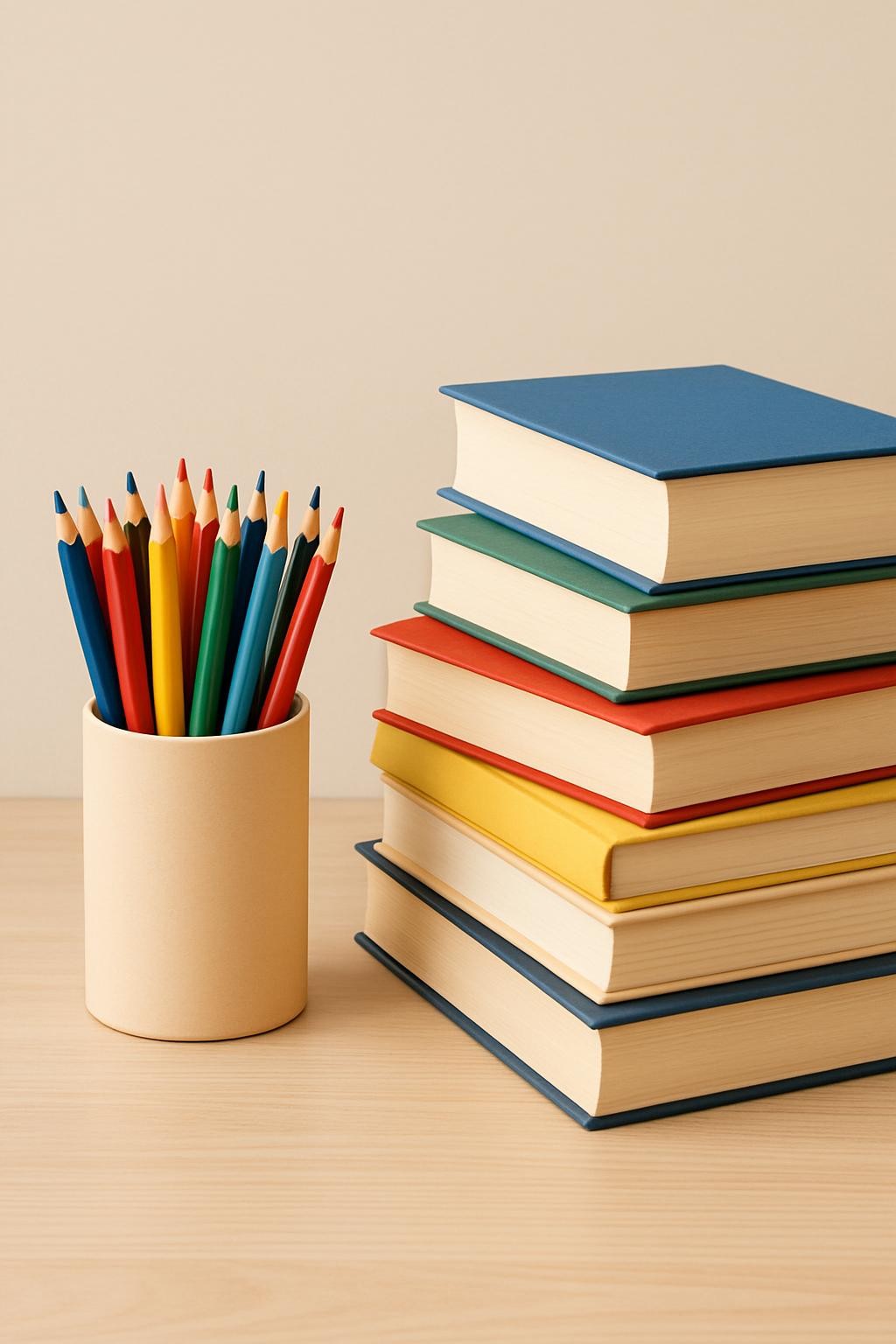 An academic-themed, colorful image featuring stacks of books and colored pencils arranged artistically. Bright but scholarly atmosphere.